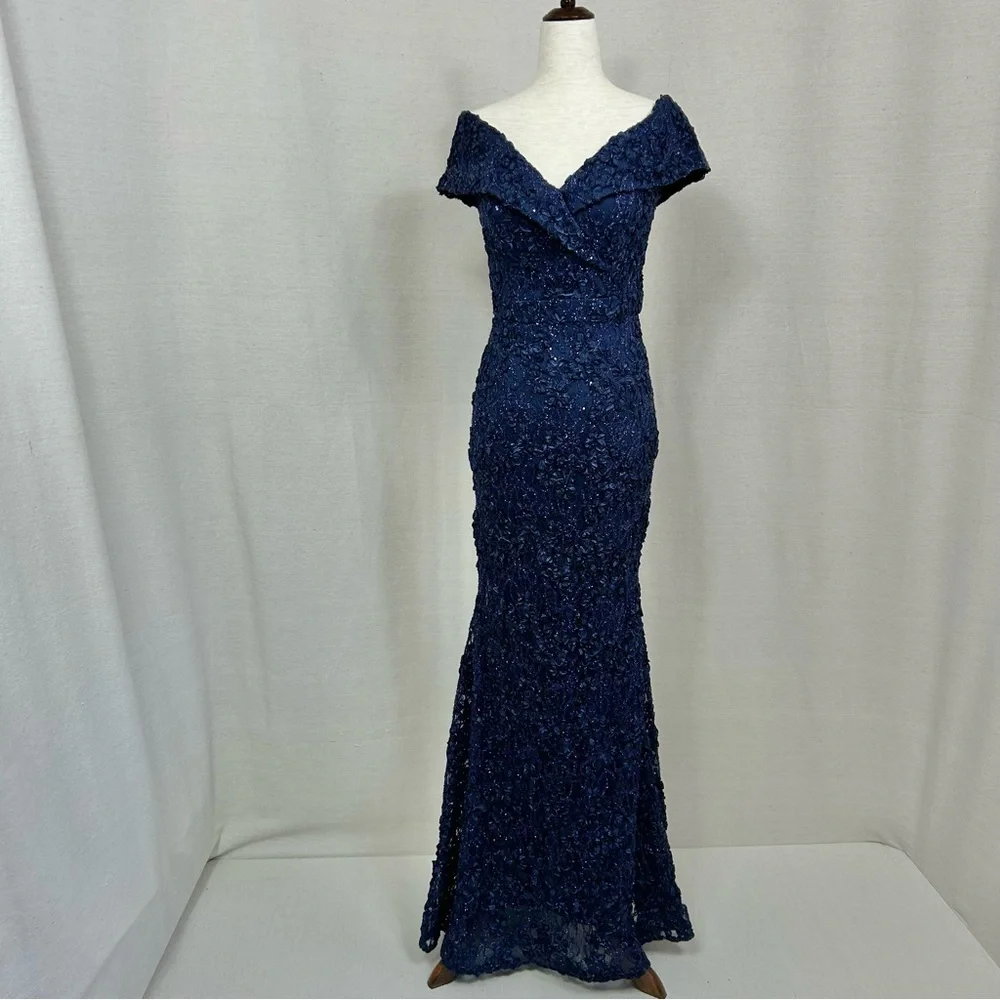 Xscape Navy Blue Rosette Sequin Lace Mermaid Off Shoulder Prom Gown Size 4 - Picture 2 of 10
